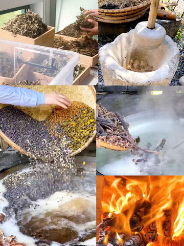 Herbal shampoo ingredients from a Taoist temple, including soapberry, He Shou Wu, and Chinese Arborvitae Leaf