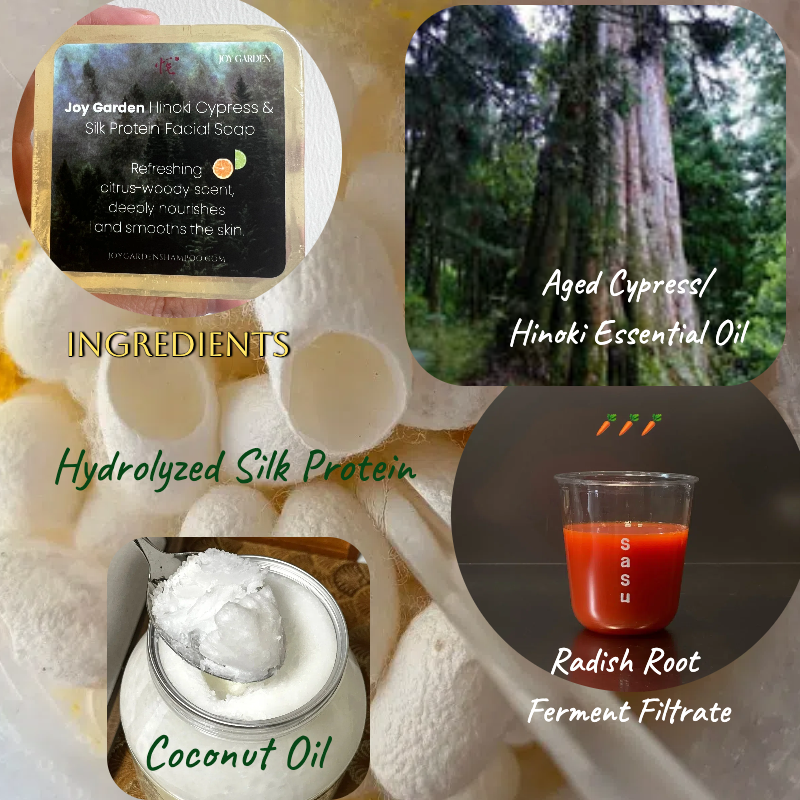 Joy Garden Hand mades Ali Mountain Hinoki  Silk Protein Facial Soap Rich, long-lasting Woody scent with a hint of citrus aroma with a calming effect contain Hydrolyzed Silk Protein