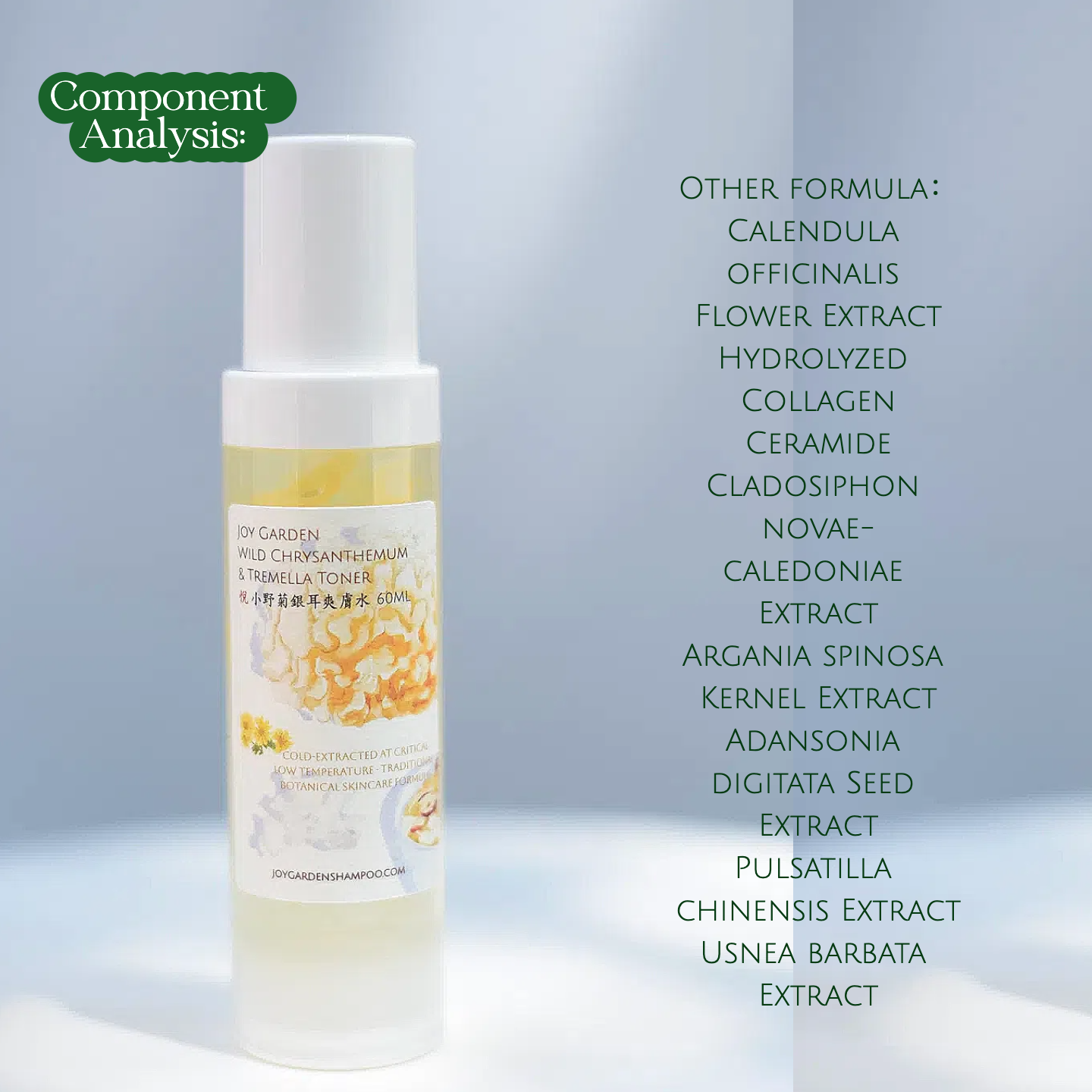 Joy Garden Tremella（snow mushroom) & Wild Chrysanthemum Hydrating Essence Soothing · Anti-inflammatory · Hydrating · Refreshing For sensitive skin, acne-prone skin, and oily skin  Tremella  Plant-Based Hyaluronic Acid