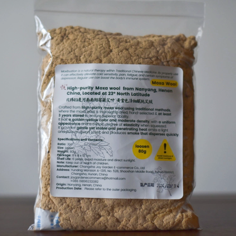 Joy Garden Golden Moxa Wool from Nanyang, Henan – high-purity mugwort fiber with soft, elastic texture for traditional moxibustion