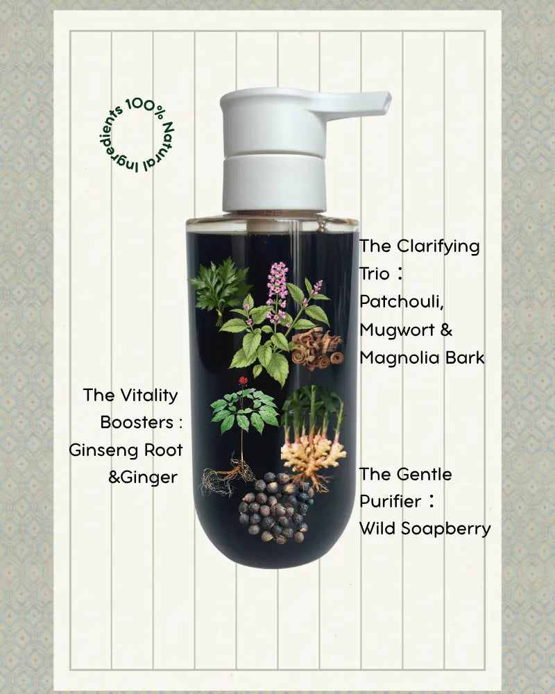 Key botanical ingredients diagram inside Joy Garden body wash bottle highlighting clarifying trio and wild soapberry purifier