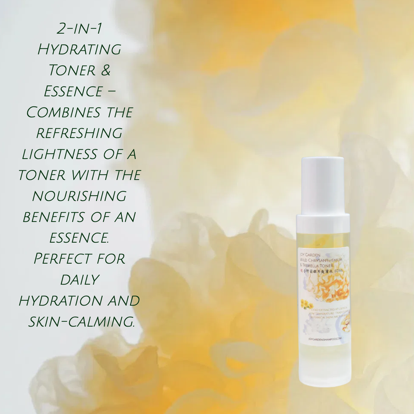 Joy Garden Tremella（snow mushroom) & Wild Chrysanthemum Hydrating Essence Soothing · Anti-inflammatory · Hydrating · Refreshing For sensitive skin, acne-prone skin, and oily skin  Tremella  Plant-Based Hyaluronic Acid