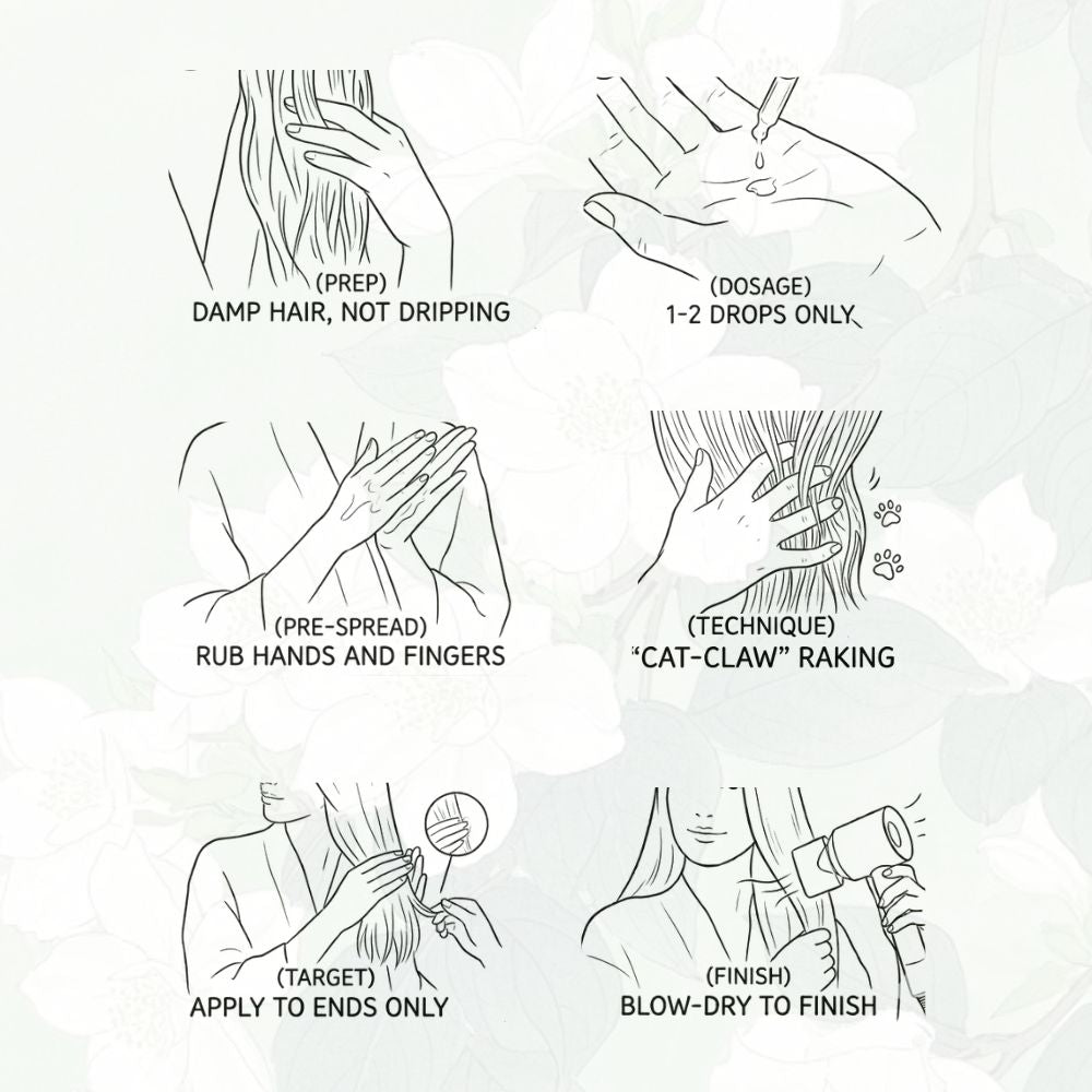 Step-by-step illustrated guide on how to apply Jasmine Smoothing Hair Serum correctly.