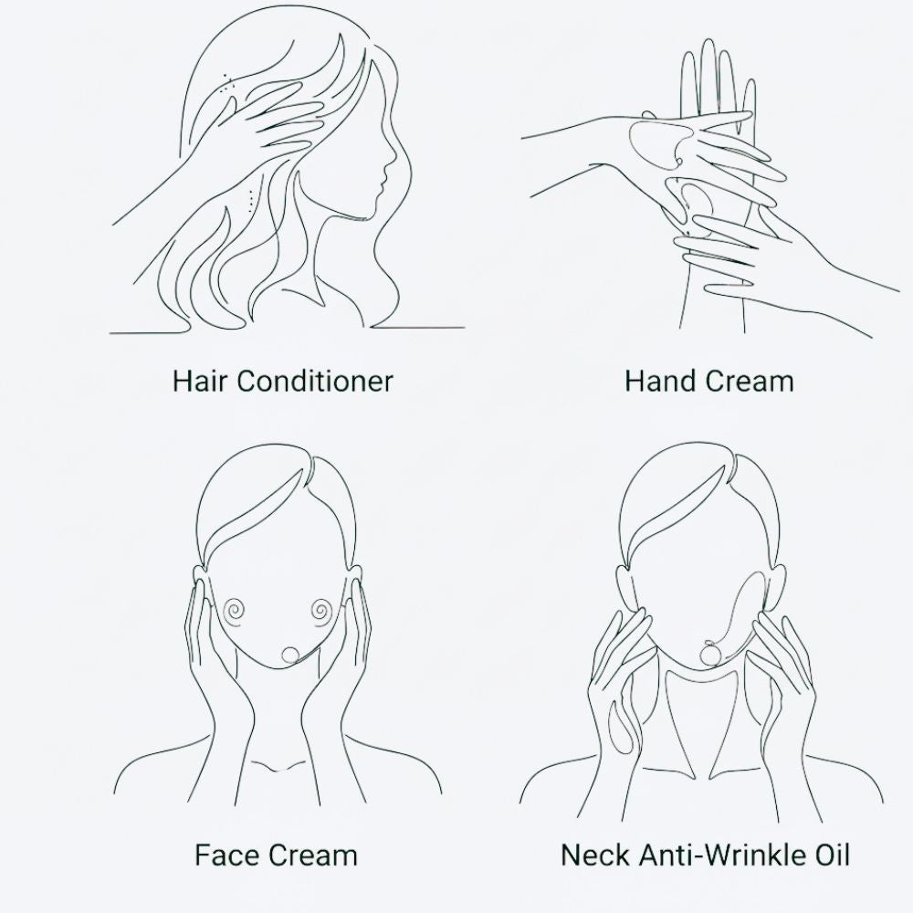 Illustrated guide on how to apply Joy Garden Magnolia Botanical Oil for face and body care.