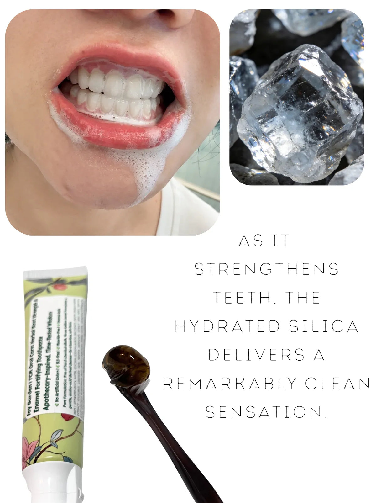 Rich foaming lather and natural mineral zeolite polishing crystals for enamel-safe teeth cleaning