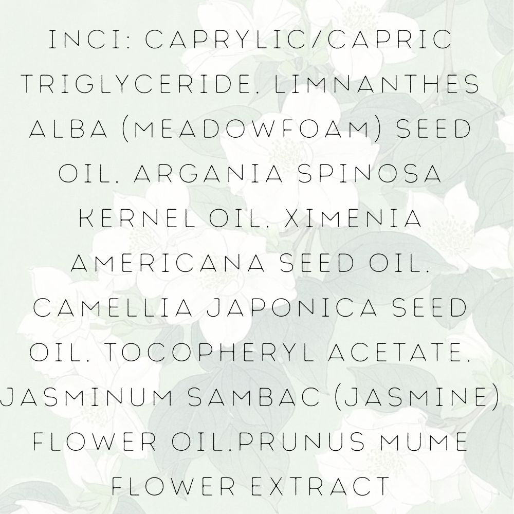 Clean beauty INCI ingredients: Meadowfoam, Argan, and Jasmine Flower Oil for hair repair.