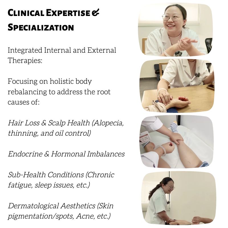 Jia Hui's TCM expertise in holistic body rebalancing for hair loss, hormonal imbalances, and skin health.