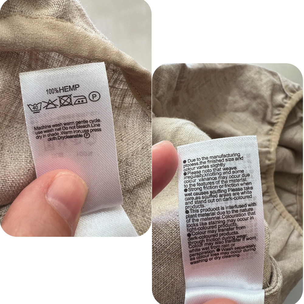 Close-up of the garment care label for Joy Garden hemp briefs, providing essential washing and maintenance instructions.