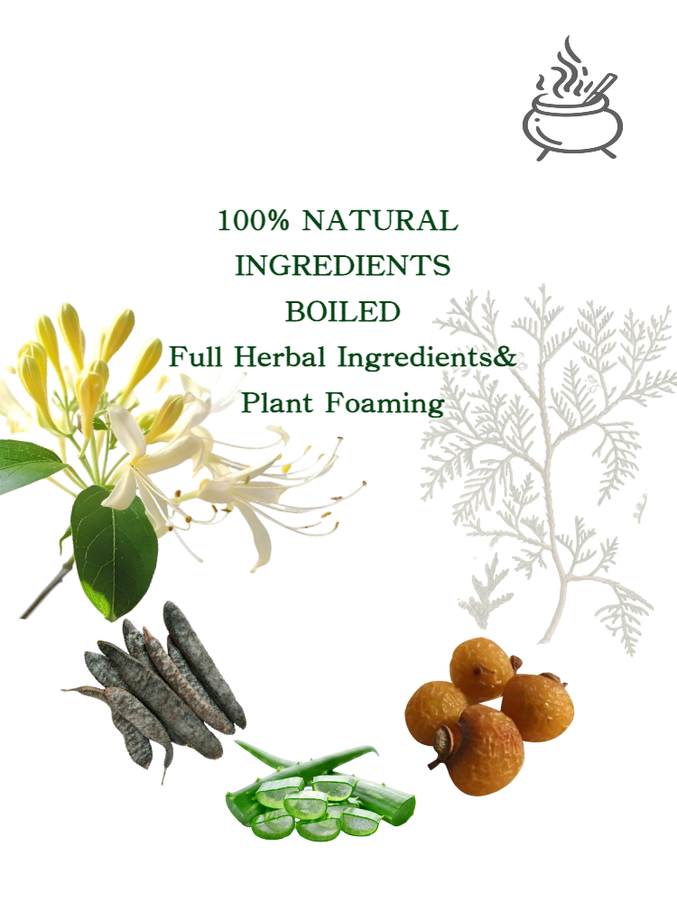 Joy Garden raw herbal ingredients including aloe leaves, honeysuckle flowers, and soapberry fruits