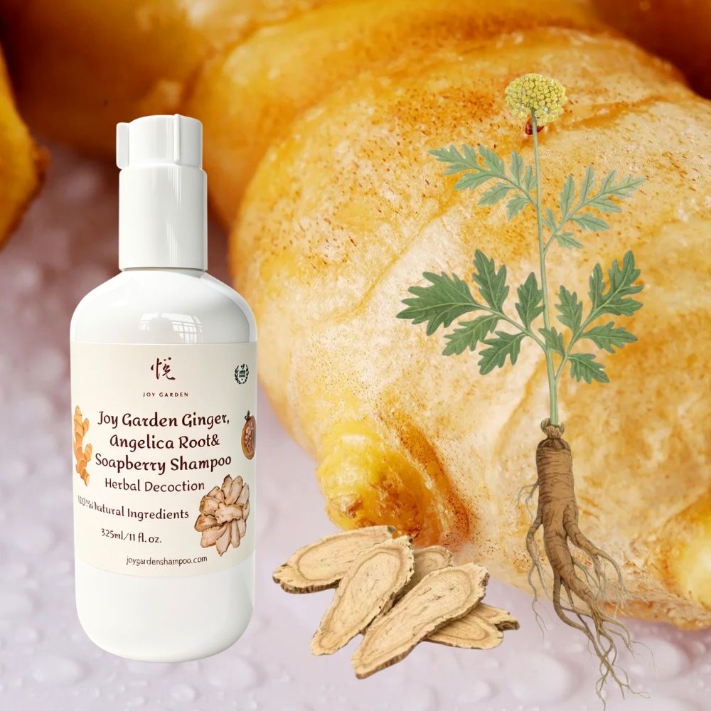 Joy Garden Ginger and Angelica herbal shampoo bottle for natural scalp care