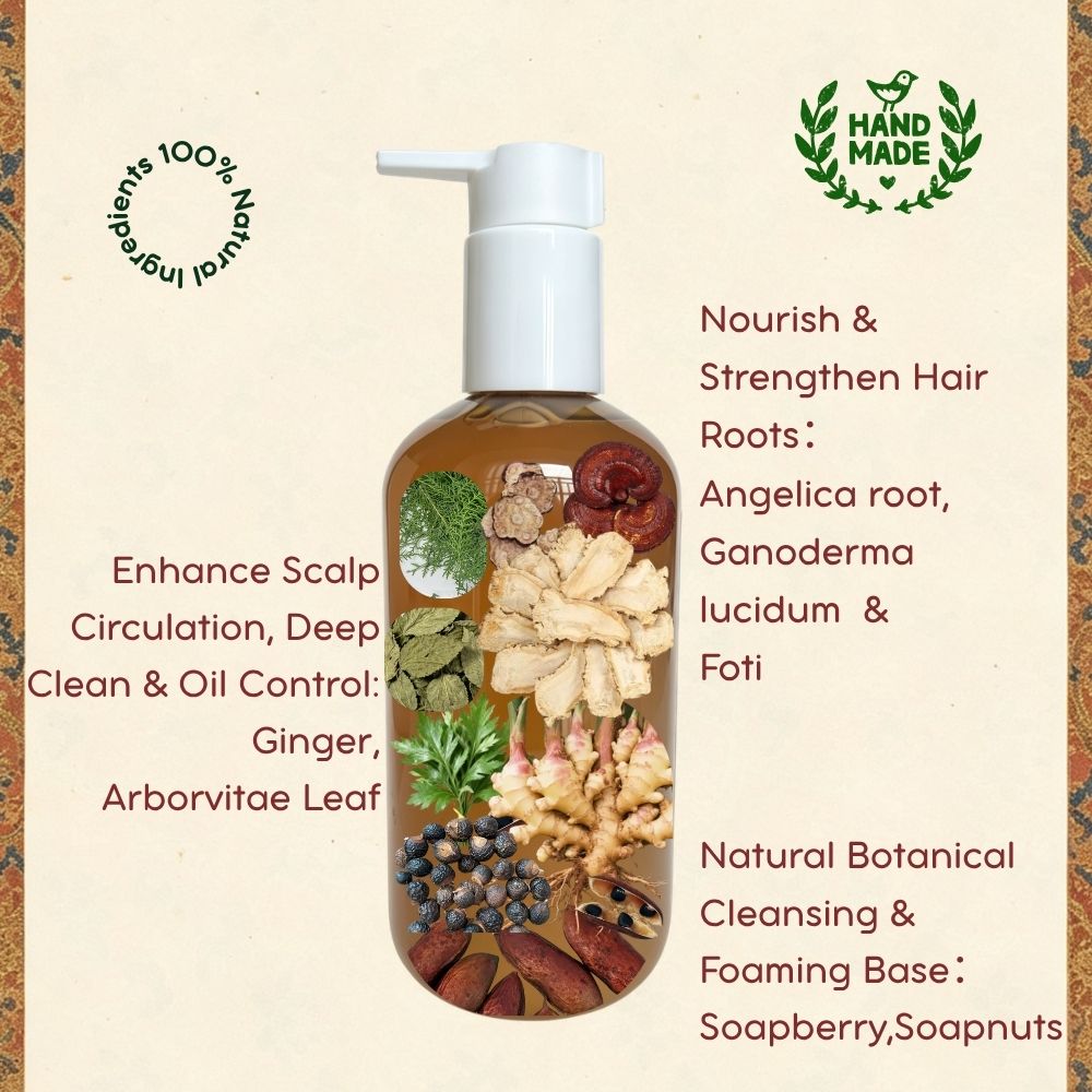 Natural botanical ingredients and fresh ginger extract formula in Joy Garden herbal shampoo