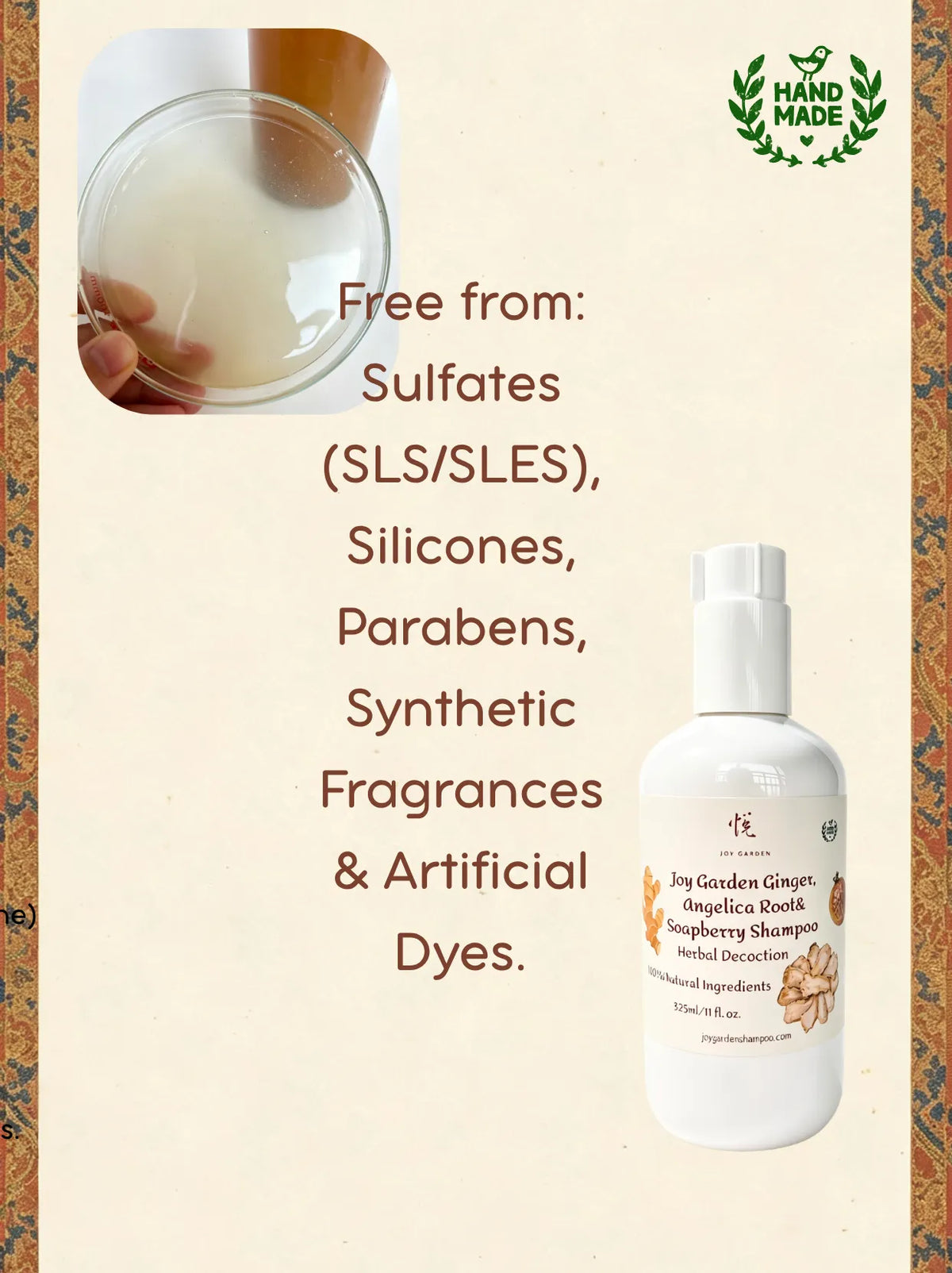 Clean formula notice for Joy Garden ginger shampoo free from sulfates, silicones, parabens, and synthetic dyes