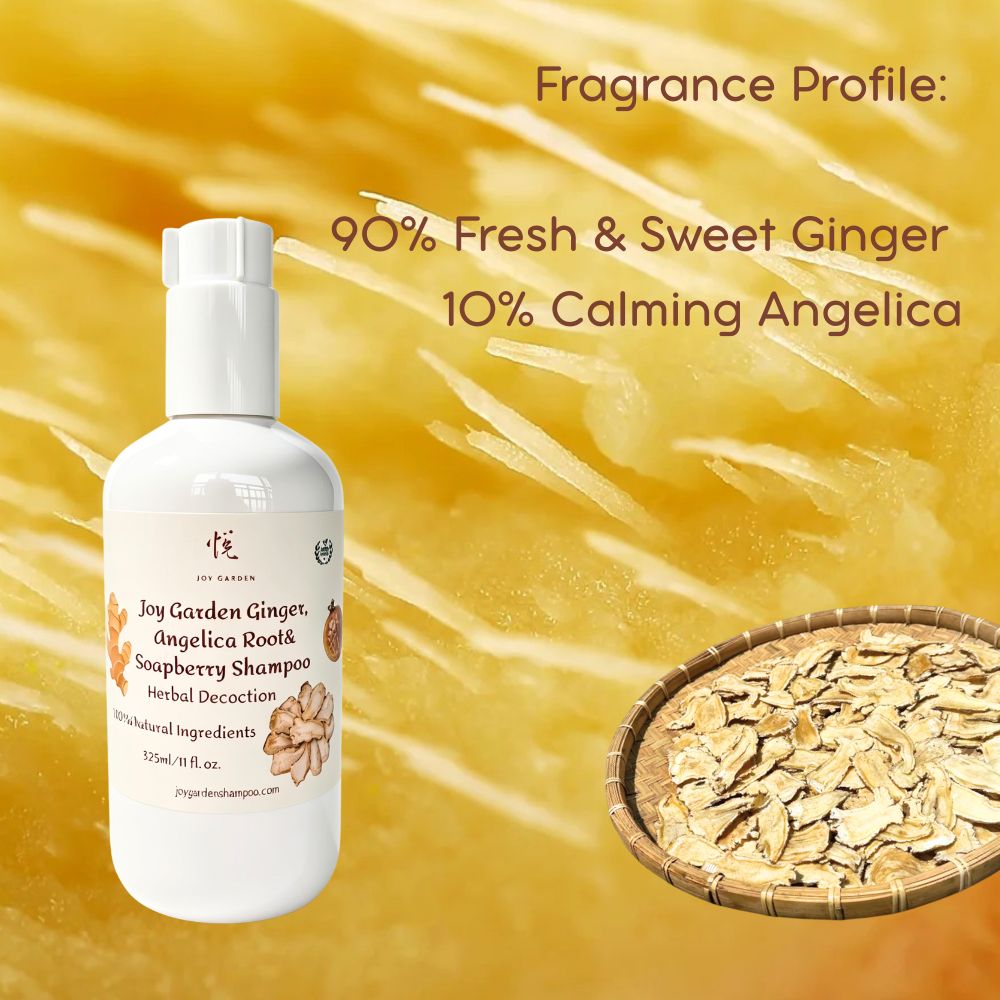 Warm sweet ginger scent profile and essential oil aroma of Joy Garden shampoo