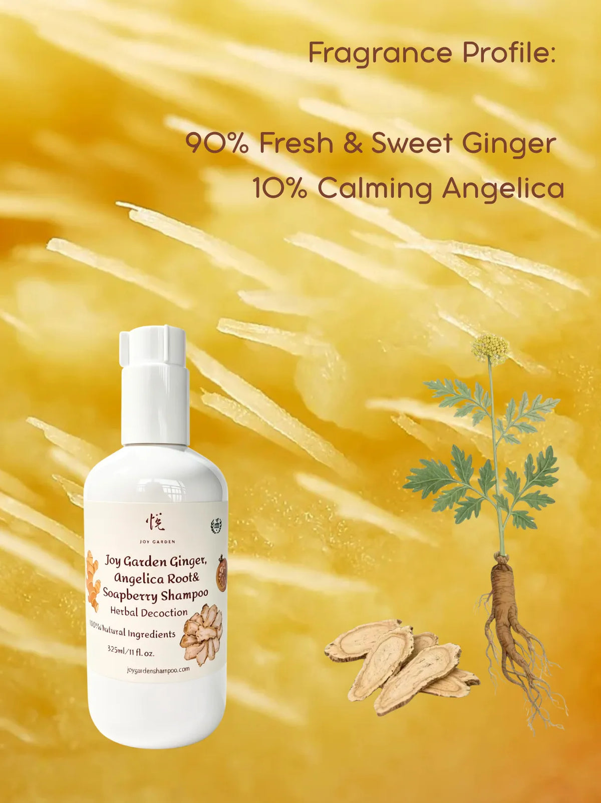 Joy Garden shampoo fragrance profile showing 90% fresh ginger and 10% calming angelica notes