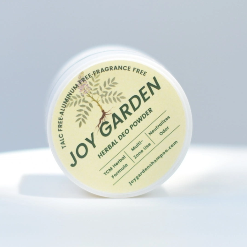 Joy Garden Herbal Deo Powder – Talc-free, aluminum-free natural deodorant body powder inspired by TCM recipe