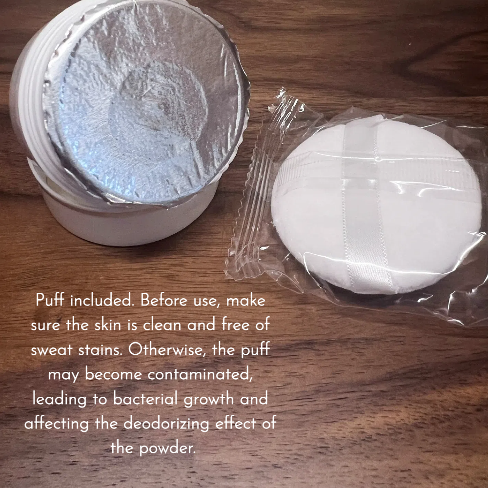 Joy Garden Herbal Deo Powder packaging with complimentary puff – elegant and practical design