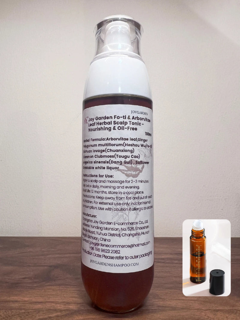 Joy Garden Herbal Scalp Tonic Fo-Ti & Arborvitae variant with measuring-scale roller massage bottle for precise scalp application