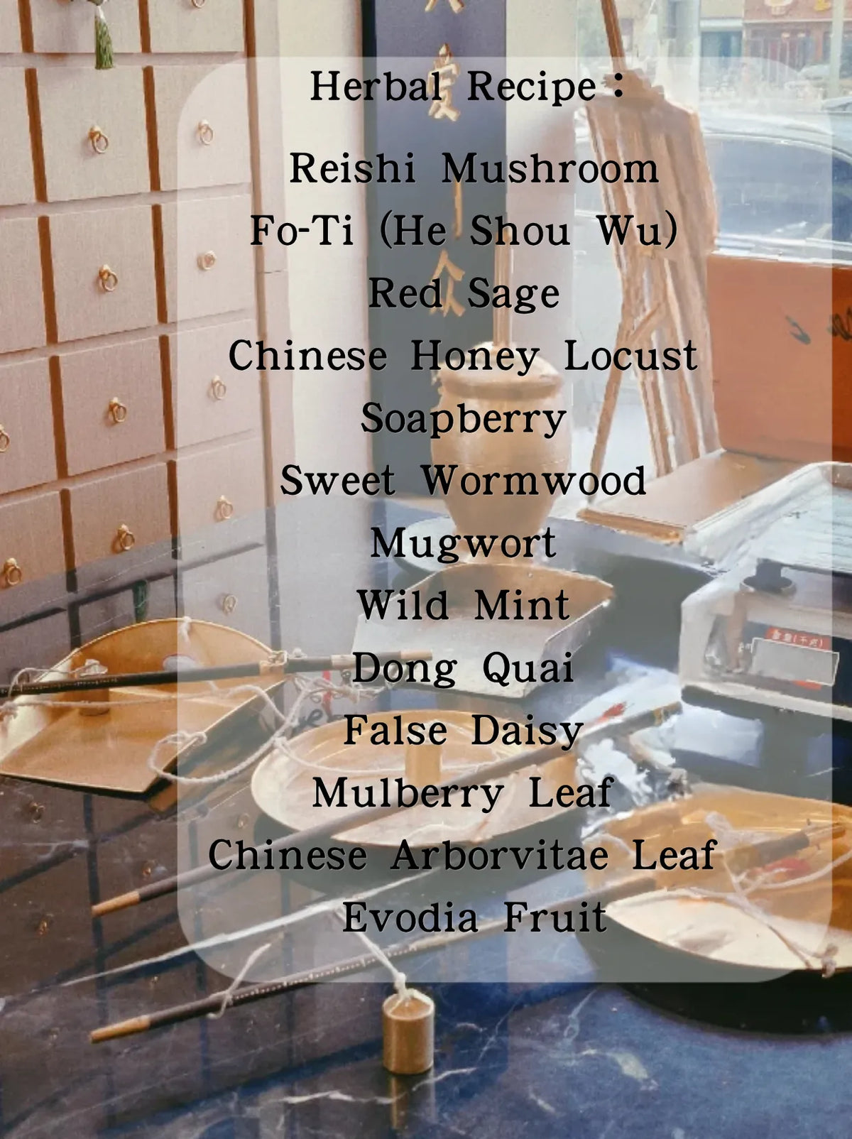 Traditional Chinese herbal apothecary counter with brass scales and Fo-Ti shampoo botanical recipe