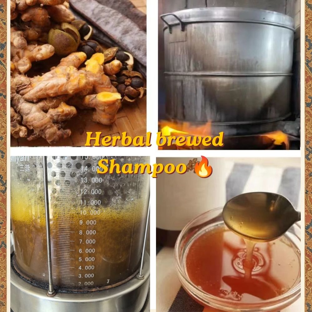 Traditional handcrafted brewing process extracting herbal decoction for Joy Garden shampoo