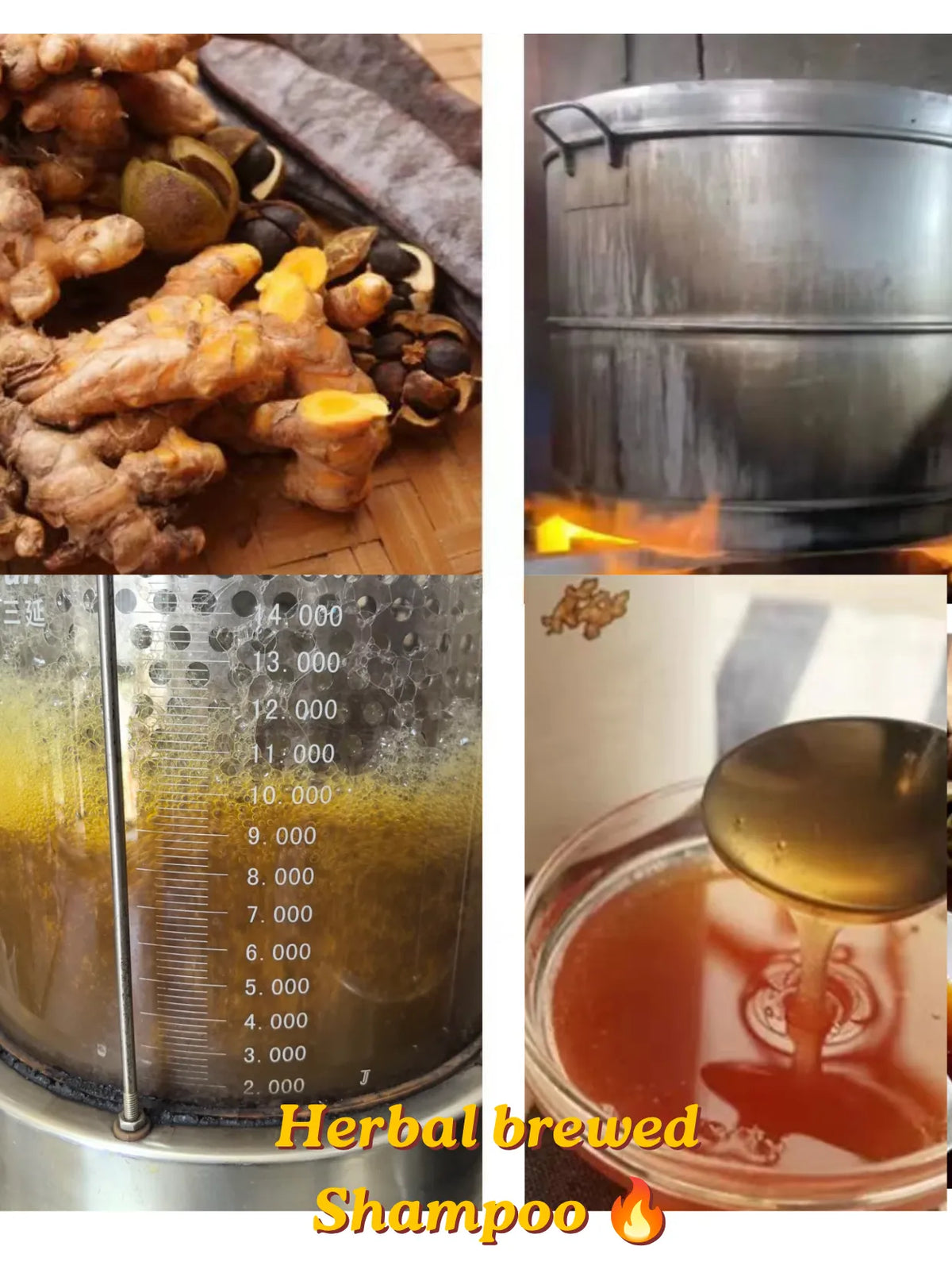 Handcrafted herbal shampoo brewing process showing raw ginger roots, decoction boiling pot, liquid filtration, and amber shampoo
