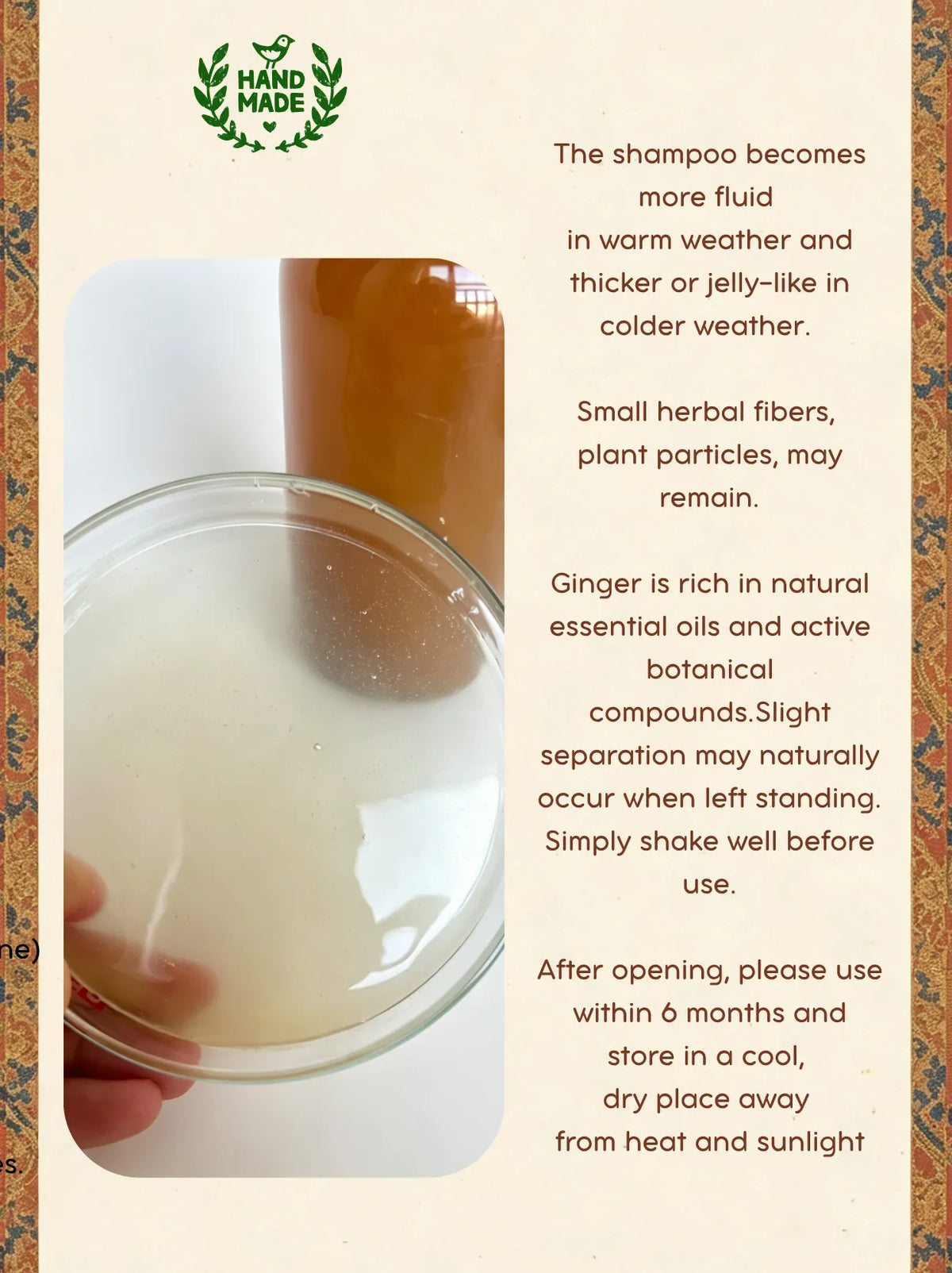 Natural herbal shampoo texture showing seasonal consistency changes, plant sediment notice, and storage instructions