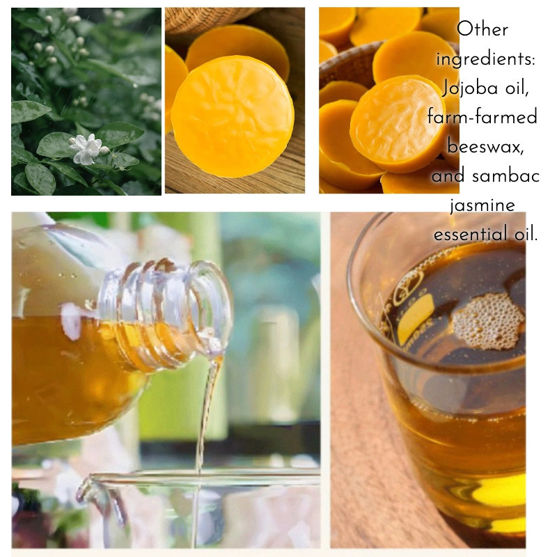 Natural ingredients for lip care: Japanese matcha powder and sambac jasmine essential oil.