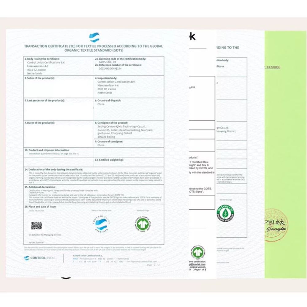 Quality assurance and organic cotton certification document for Joy Garden botanical products.
