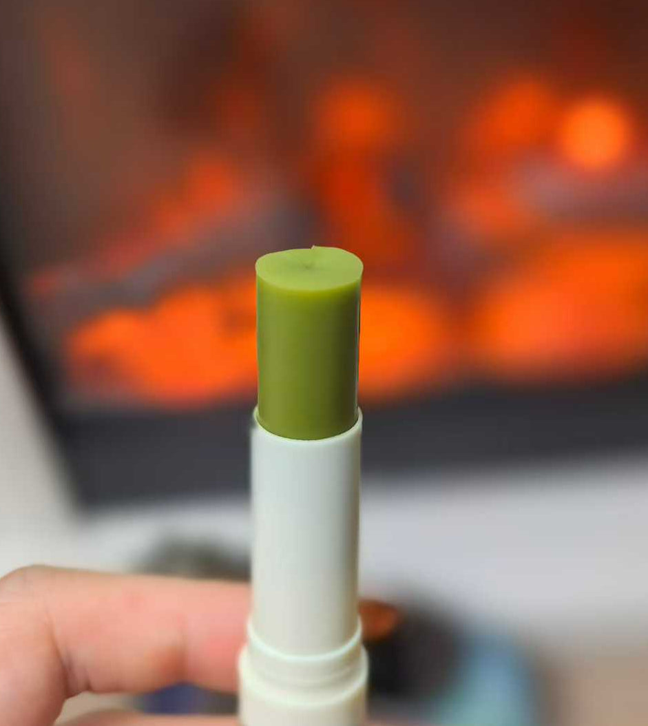 Joy Garden Pure Matcha Lip Balm close-up – handmade natural lip balm with milk, jasmine, and jojoba for soft, hydrated lips