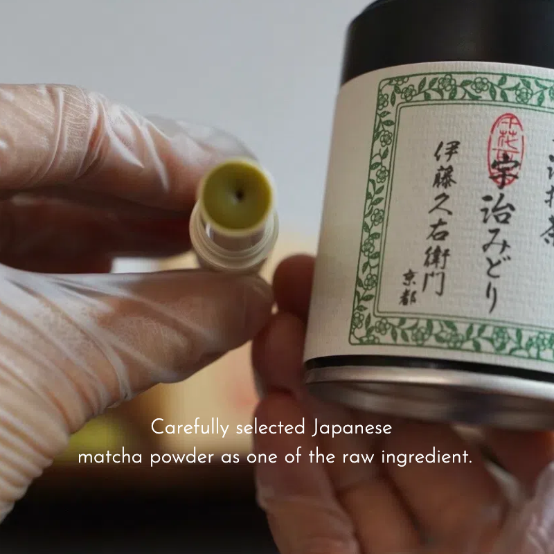 Close-up of the smooth, all-natural matcha and jojoba oil formula in our food grade lip balm.