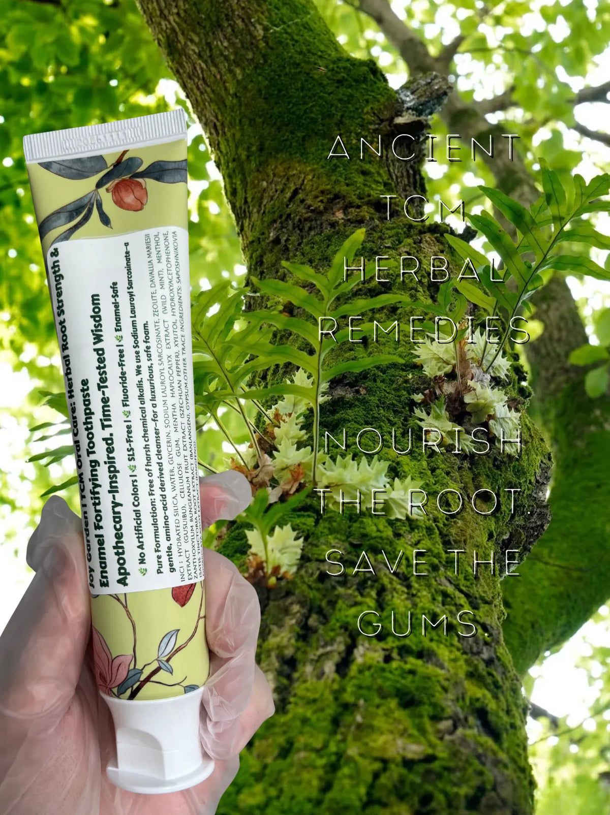 Joy Garden TCM herbal toothpaste tube on lush mossy tree background promoting root gum nourishment