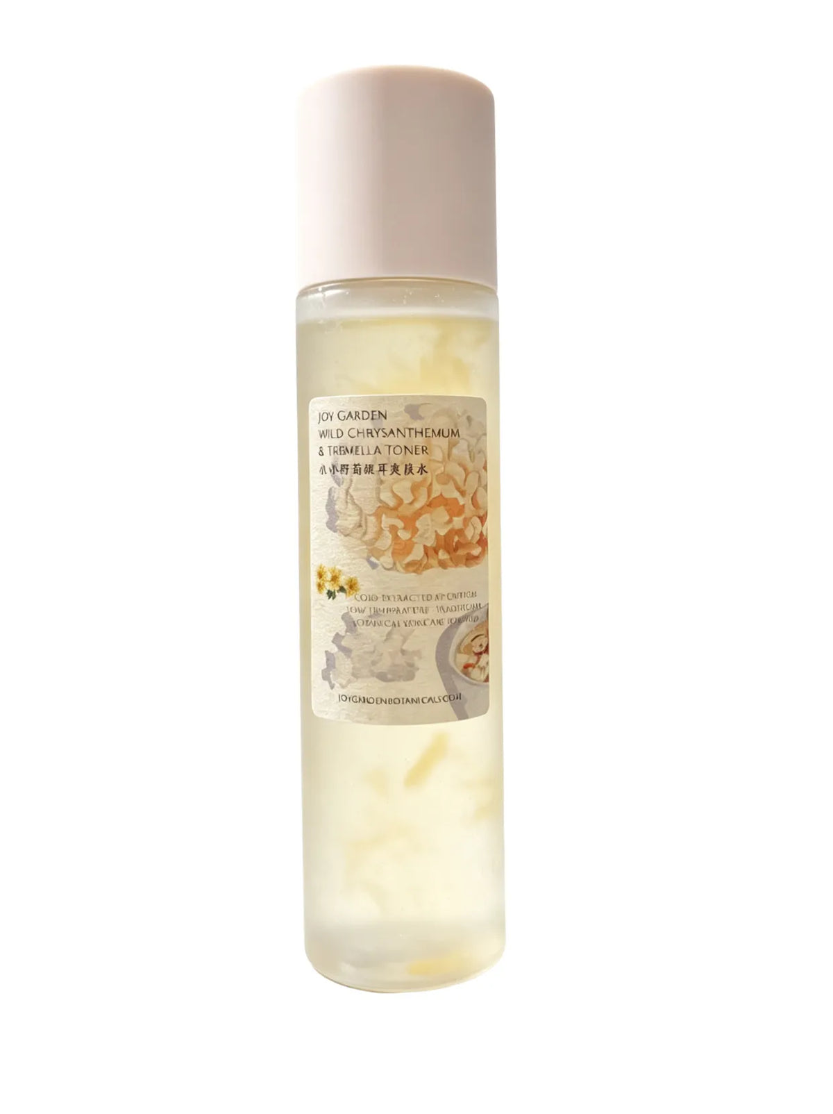 Joy Garden Wild Chrysanthemum and Tremella Toner 150ml bottle showing floating herbal petals on white background