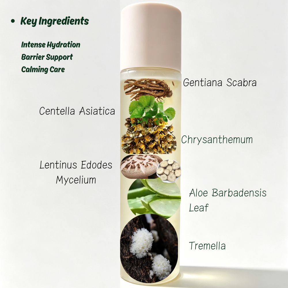Key botanical ingredients including snow mushroom, chamomile, aloe, gentian, and centella asiatica