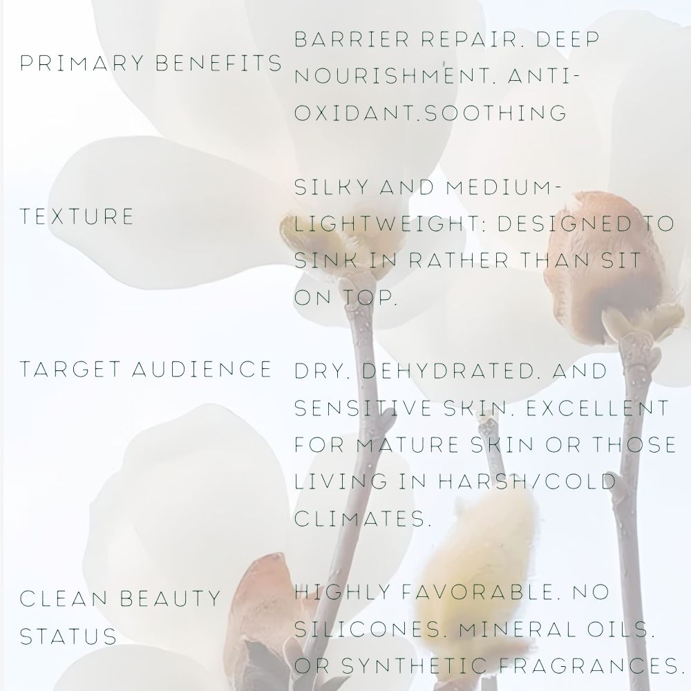 Benefits of Magnolia Blossom Oil: Lightweight texture for deep hydration and a natural glow.