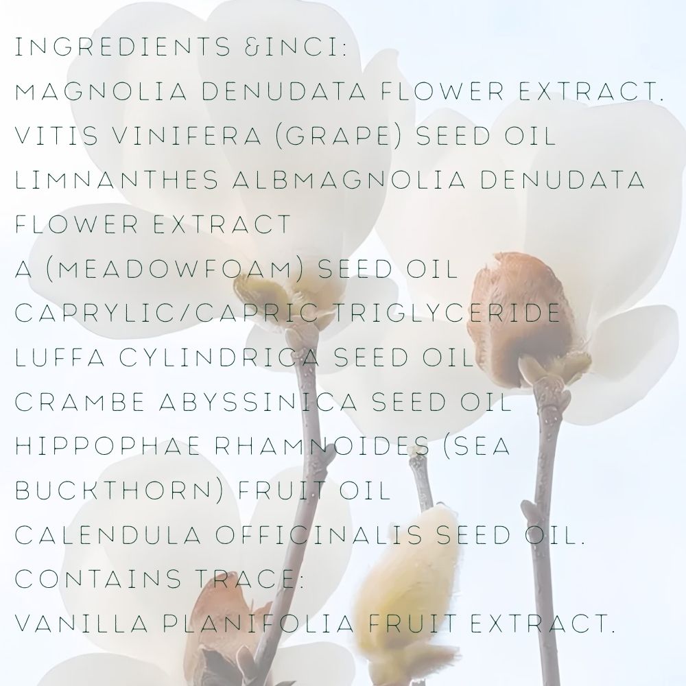 Full INCI list of Joy Garden Magnolia Oil with Grape Seed and Calendula Seed Oil infusion.