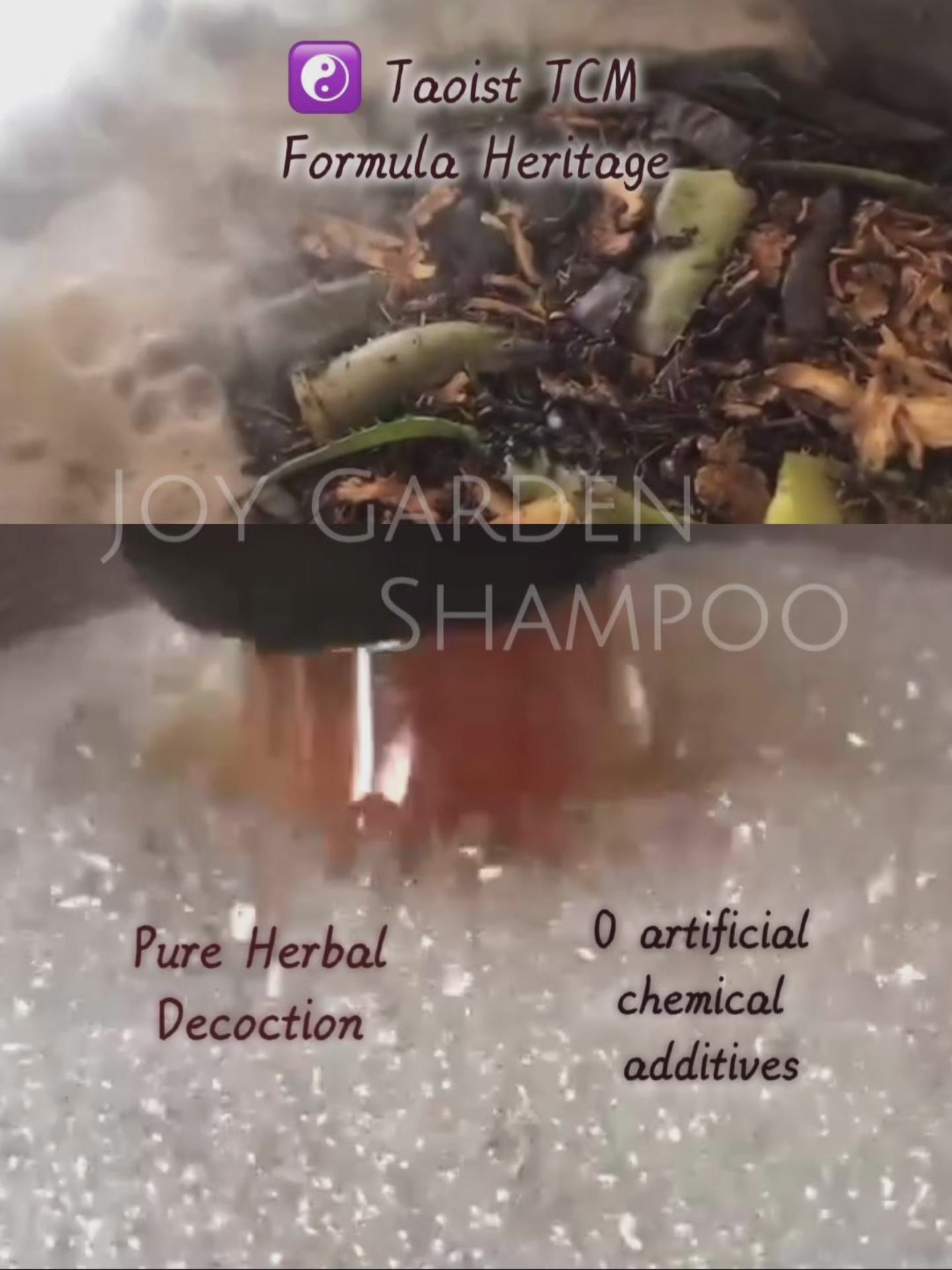 Joy Garden shampoo video showing herbal ingredients and decoction process.
