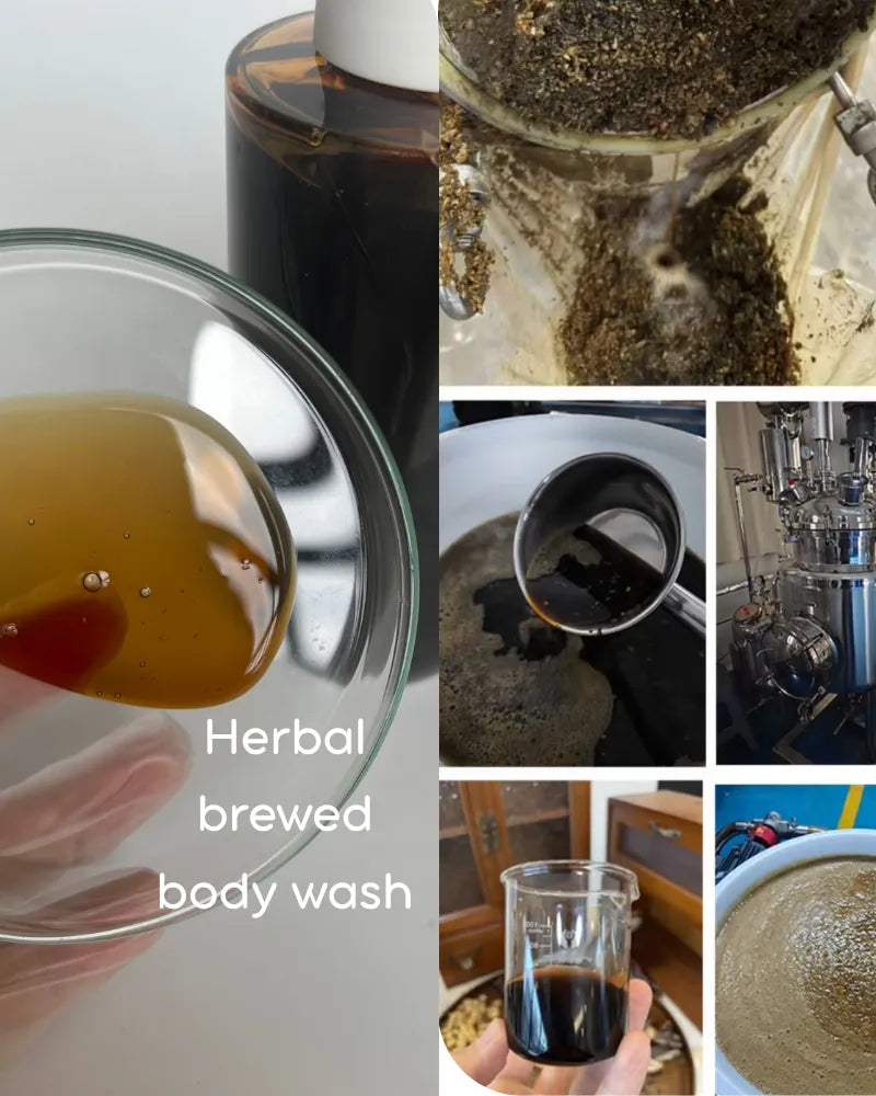 Traditional herbal decoction and artisanal slow-brewing process for Joy Garden natural body wash extract