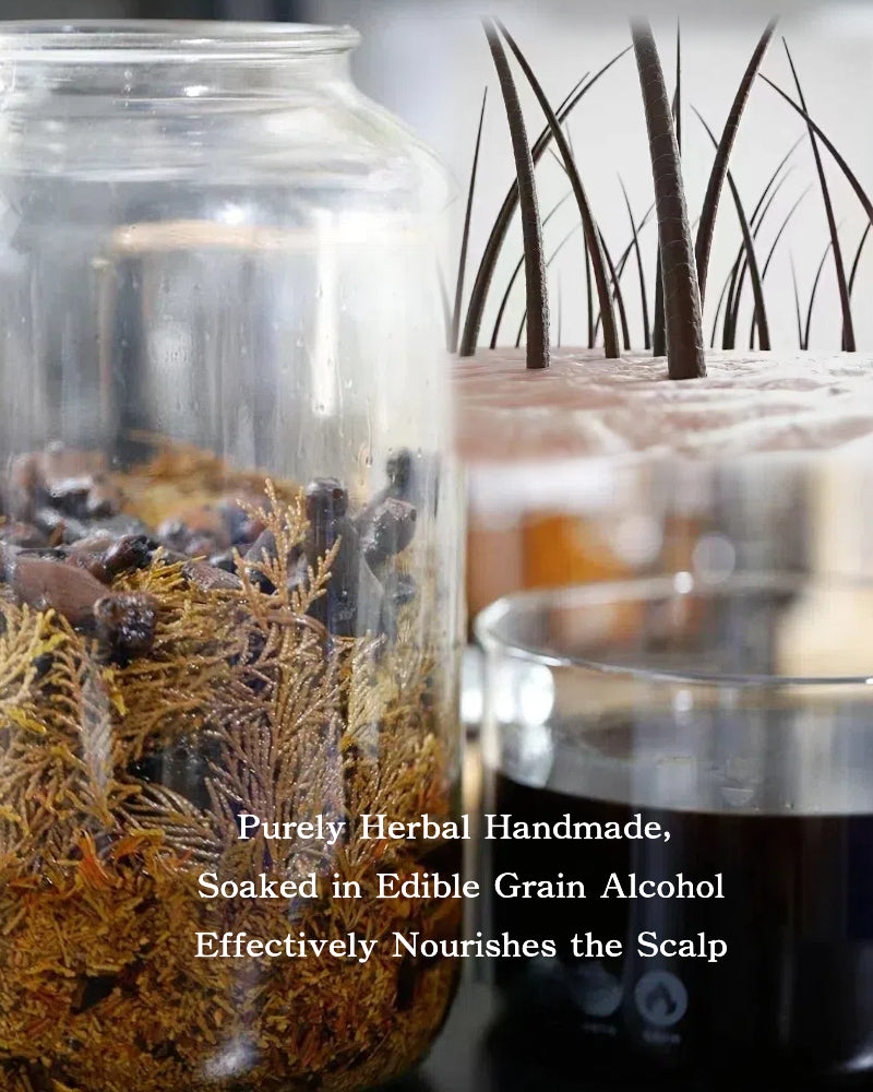 Real herbal infusion process showing Eastern botanical herbs steeped in drinkable white liquor for scalp nourishing tonic