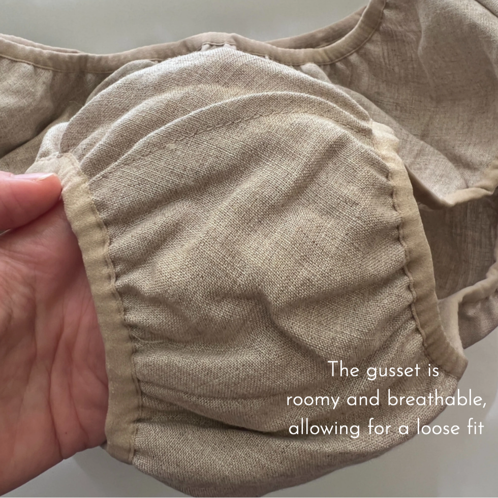 Detailed view of the widened crotch design on hemp briefs, offering full coverage and reducing friction for sensitive skin.